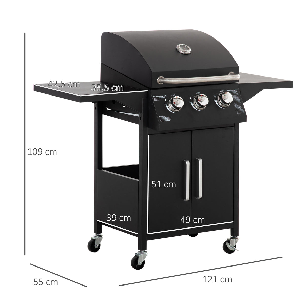 Barbacoa De Gas Con 3 Quemadores 4 Ruedas Outsunny 121x55x109 Cm Negro_2