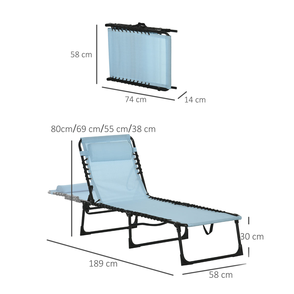 Tumbona Plegable Outsunny Acero, Textilene Azul Claro 189x58x30 Cm_2