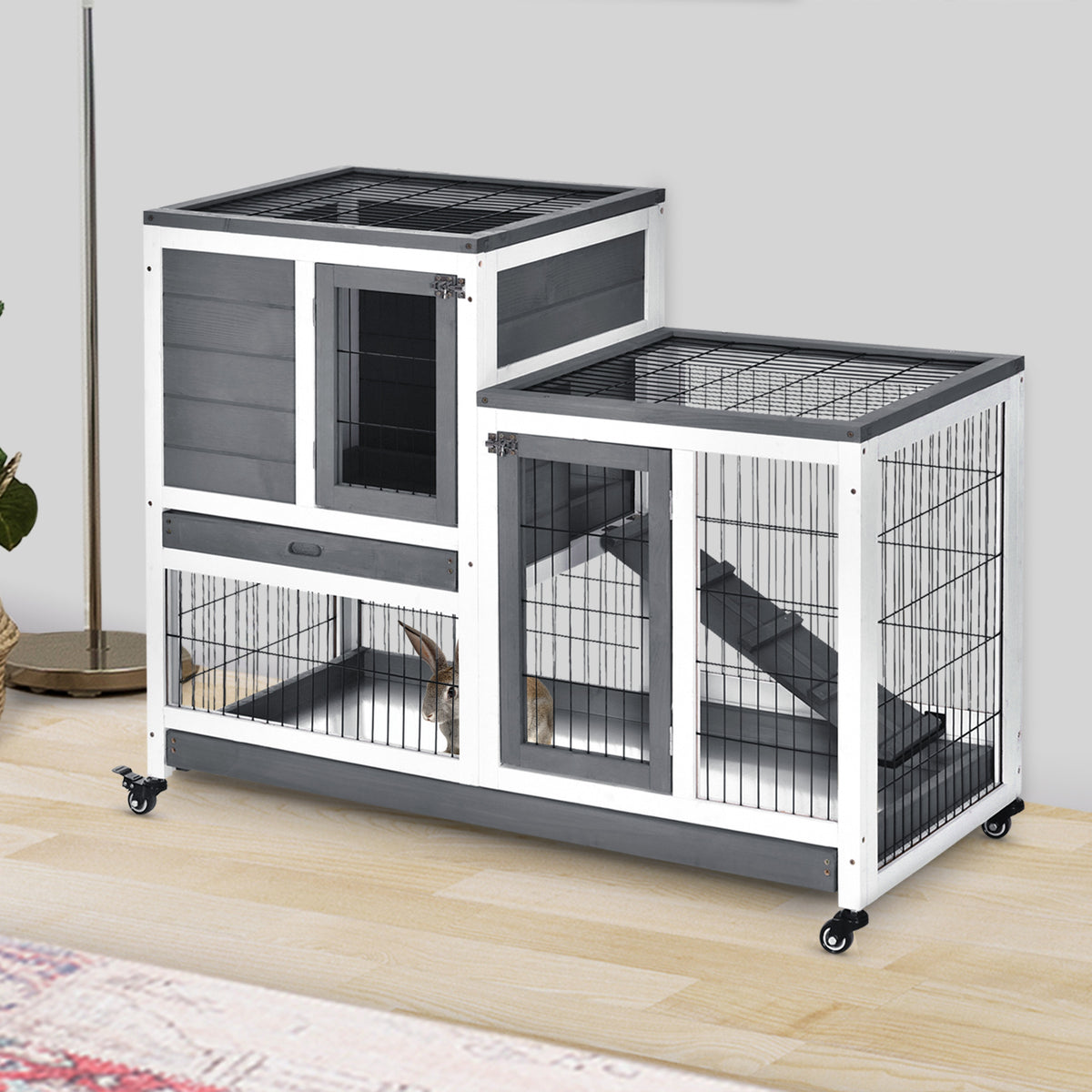 Conejera De Madera Interior Con Ruedas Pawhut 110x50x86 Cm Gris_1