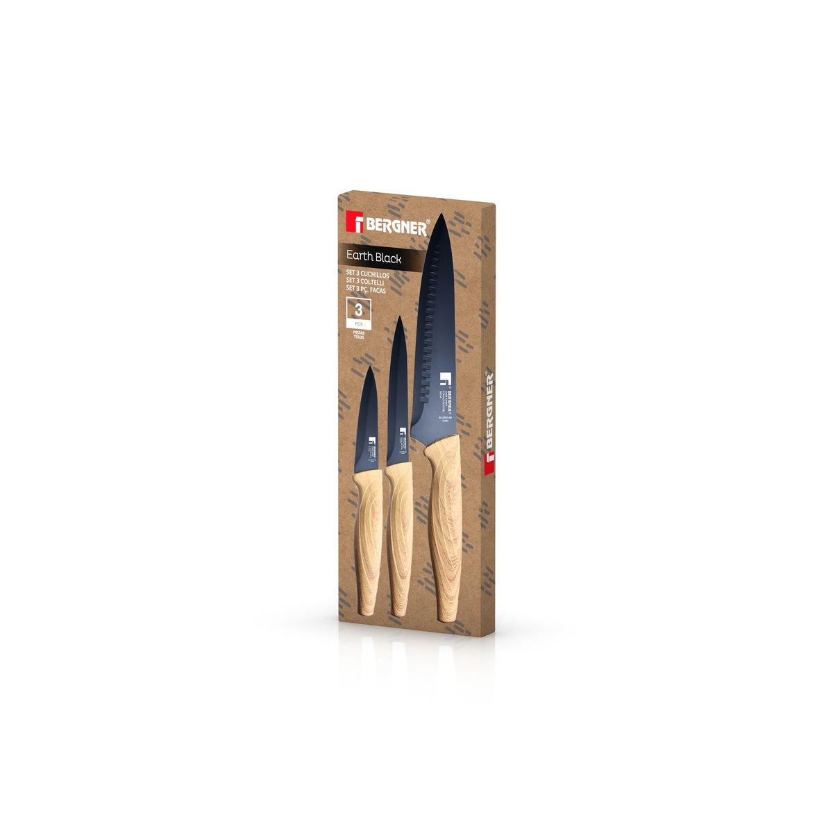 Batería de Cocina de 10 Piezas, 3 cacerolas con tapa + 1 sartén + 3 cuchillos , Fabricada en Aluminio Prensado, BERGNER Earth compatible con Todo Tipo
