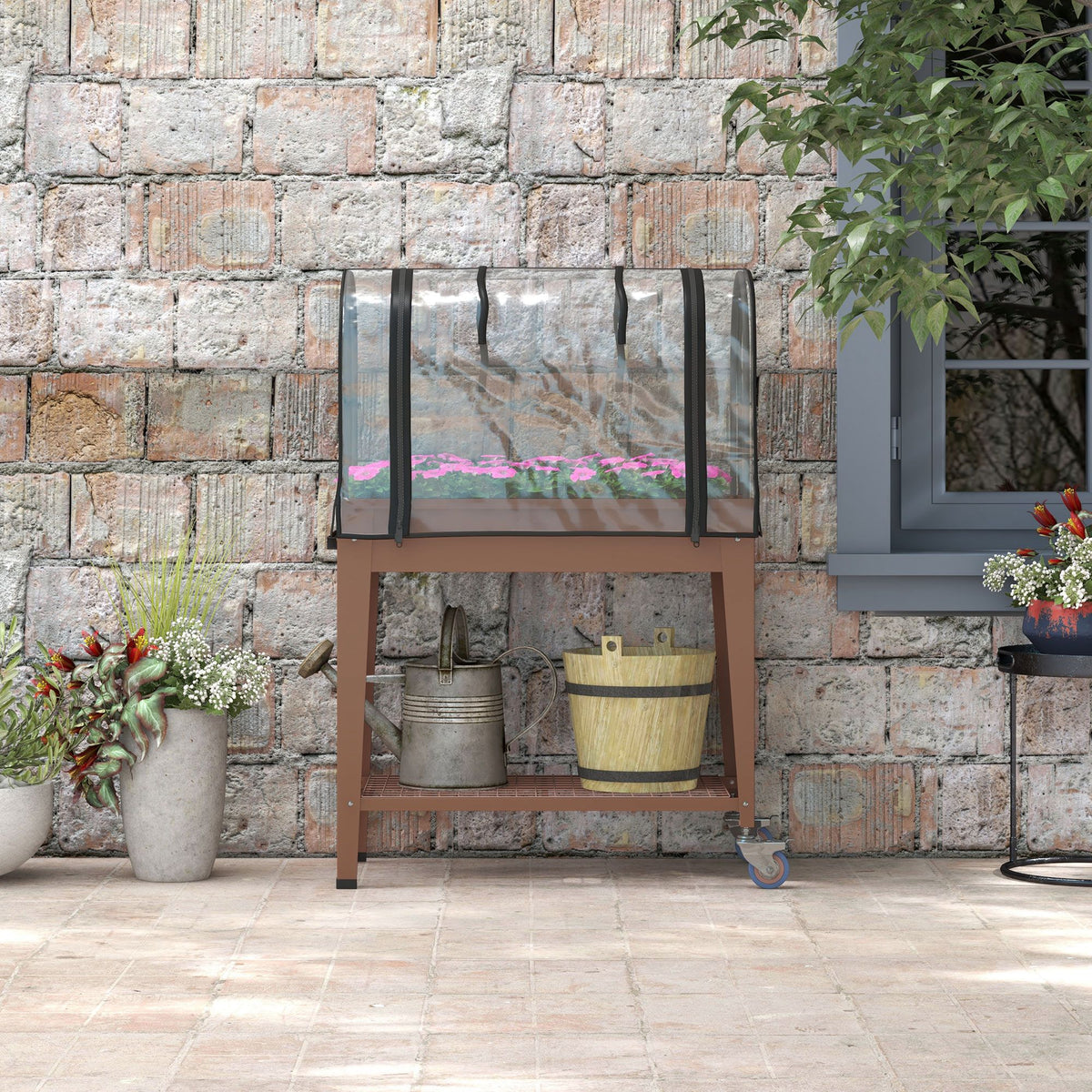 Mesa De Cultivo Outsunny Metal, Plástico Marrón 80x40x120 Cm_3