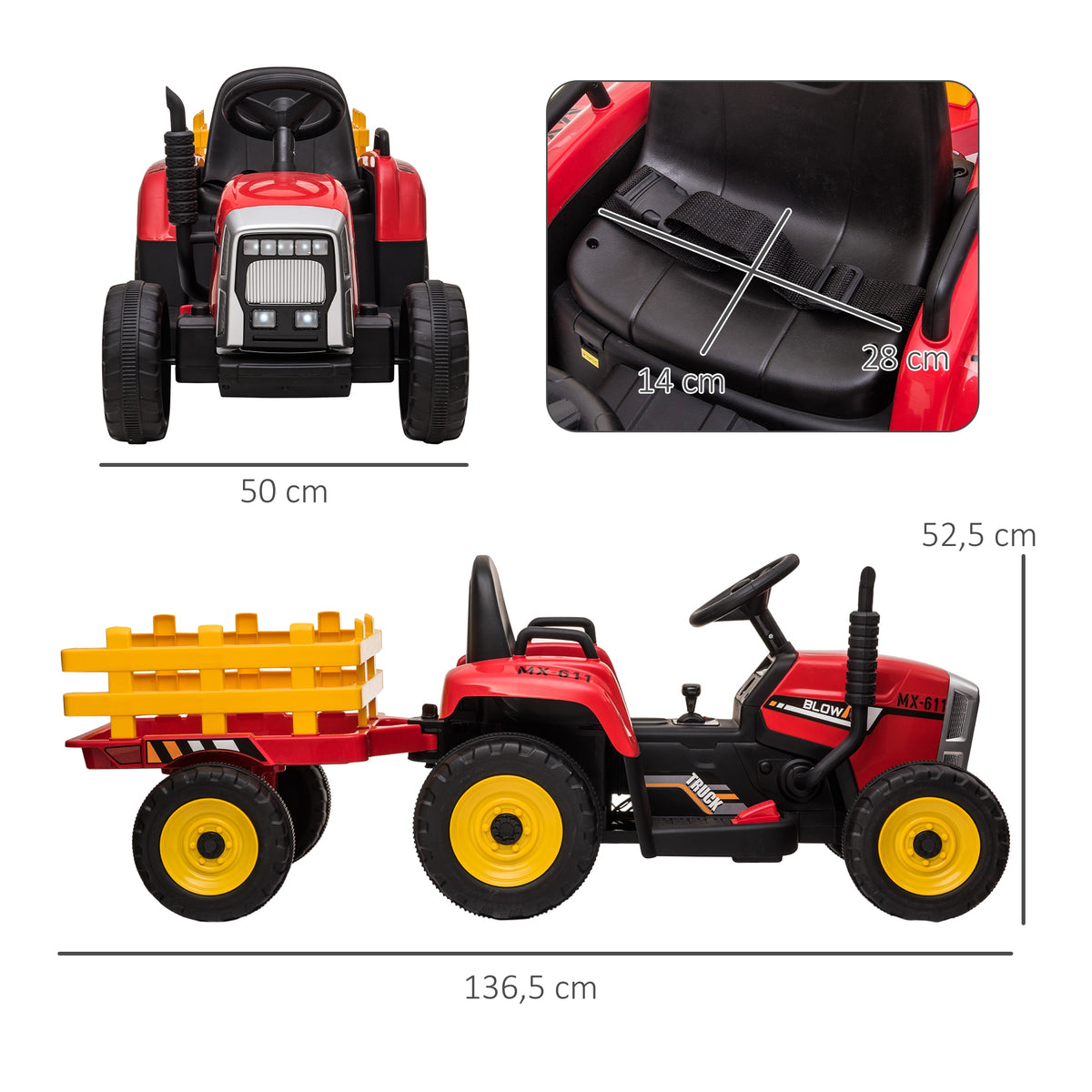 Coche De Batería Infantil Homcom Pp, Metal Rojo 136.5x50x52.5 Cm_2