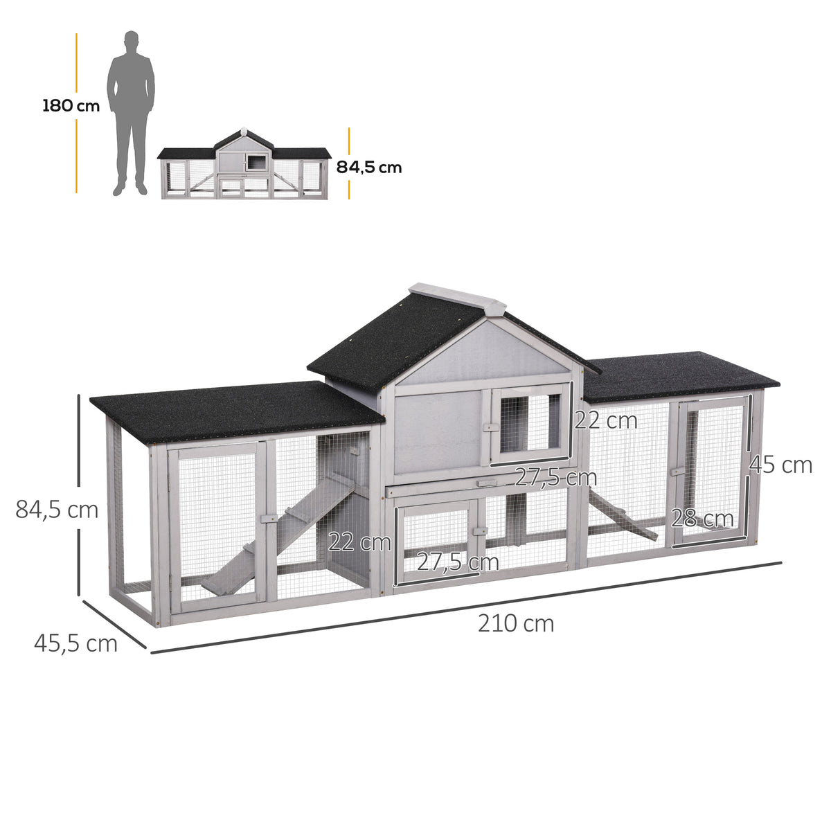 Conejera Exterior Madera Para 2-4 Conejos Pawhut 210x45,5x84,5 Cm Gris_2