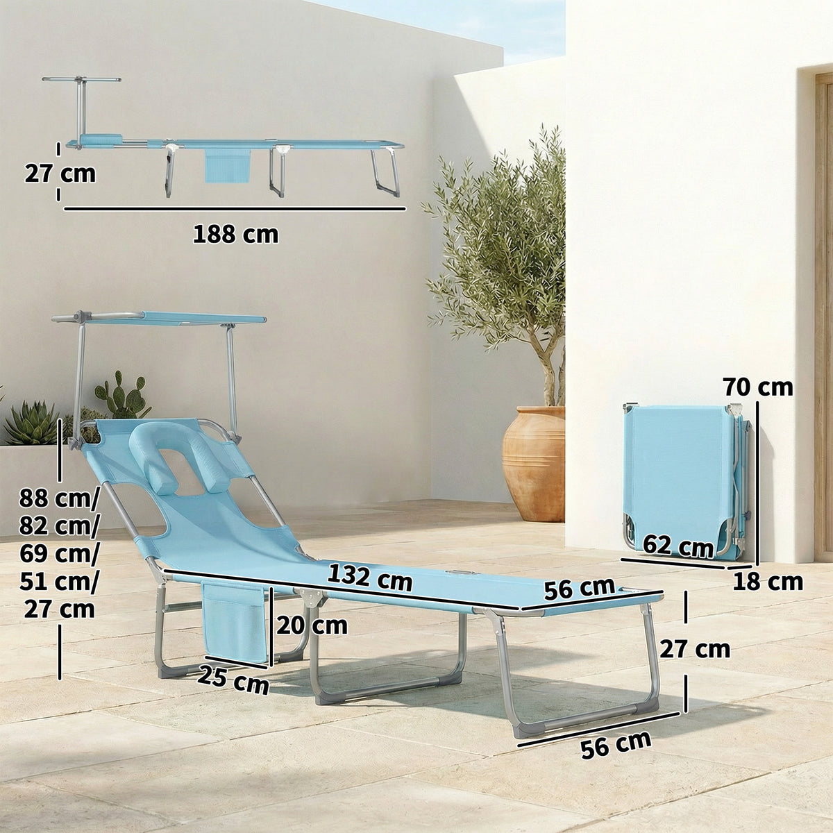 Tumbonas Plegables Outsunny Acero Galvanizado, Textilene Azul Claro 188x56x27 Cm_2