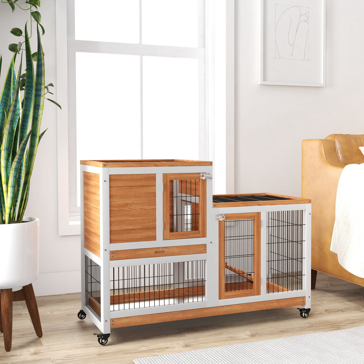 Conejera De Madera Pawhut Madera De Abeto, Metal Madera Natural Y Blanco 110x50x88 Cm_1