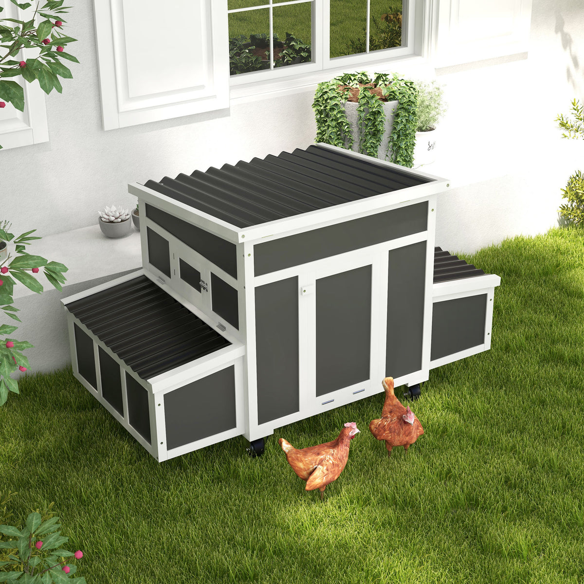 Gallinero Pawhut Madera De Abeto, Plástico Gris Oscuro 147x93.5x89.5 Cm_1