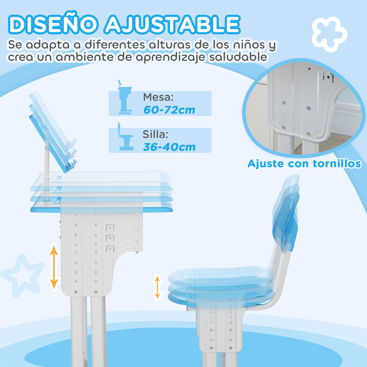 Secretária E Cadeira Para Crianças Homcom Pp, Mdf E Aço Azul 60x45x90-102 Cm 312-061v00bu_5