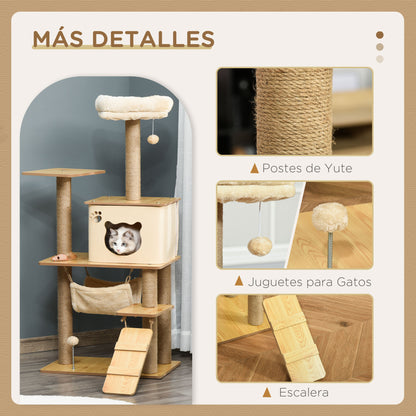Pawhut Árbol Rascador Para Gatos Con Plataformas Hamaca Escalera Cueva 60x40x130_4