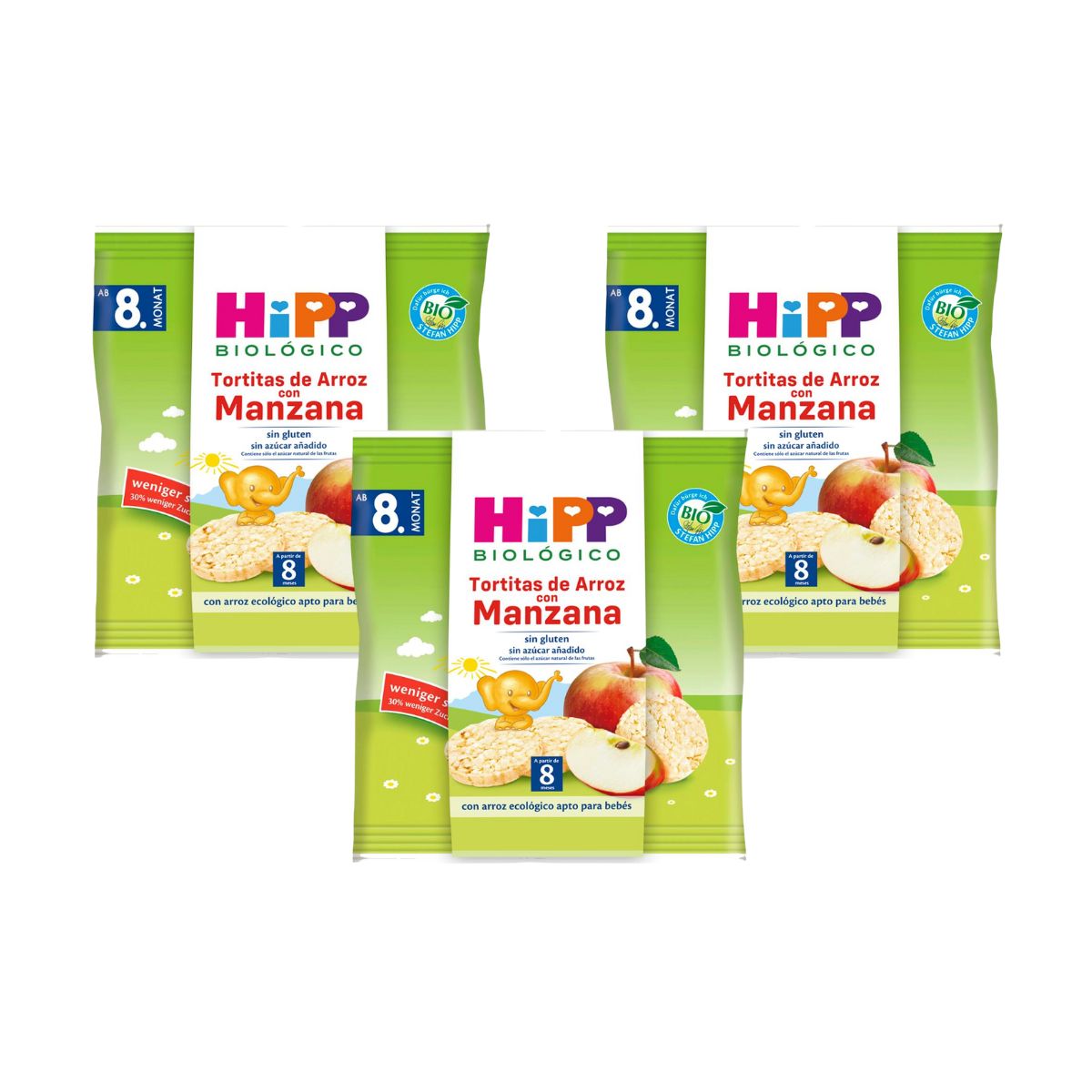 Pack x 3 Tortitas de arroz con manzana sin gluten bio para bebés +8 meses HiPP 30 g