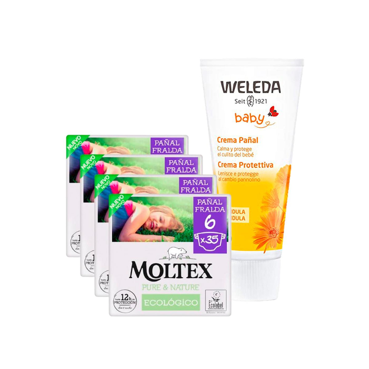 PACK ESPECIAL Crema de Pañal de Caléndula Weleda 75ml  + Pack ahorro Pañales Moltex Pure & Nature T6 (17-28 kg) 140 Uds