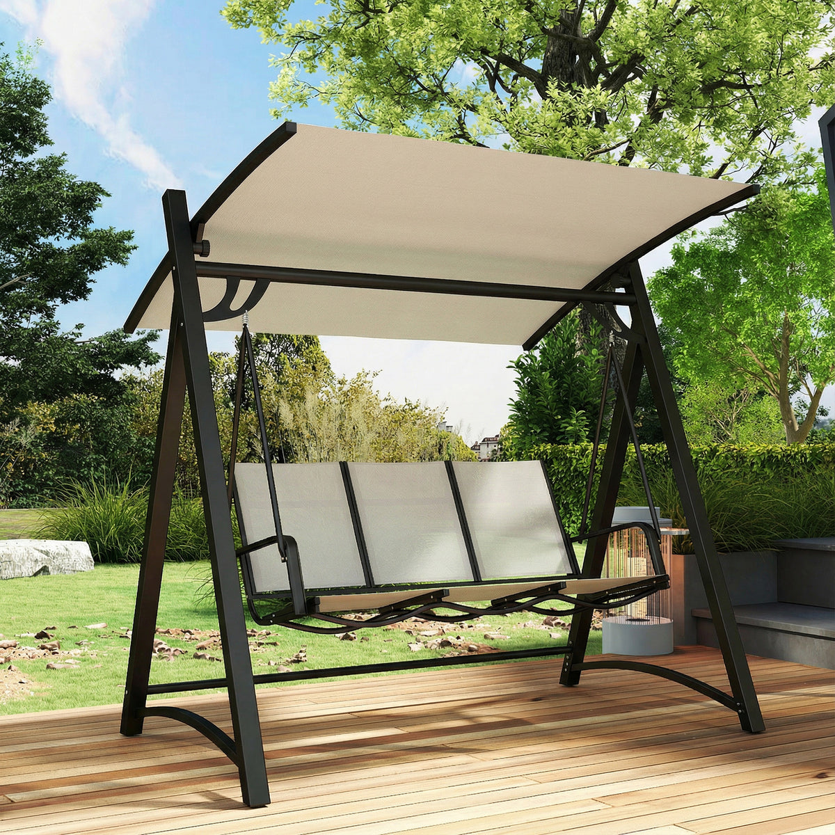 Columpio De Jardín Outsunny Metal, Textilene Crema 188x130x183 Cm_3