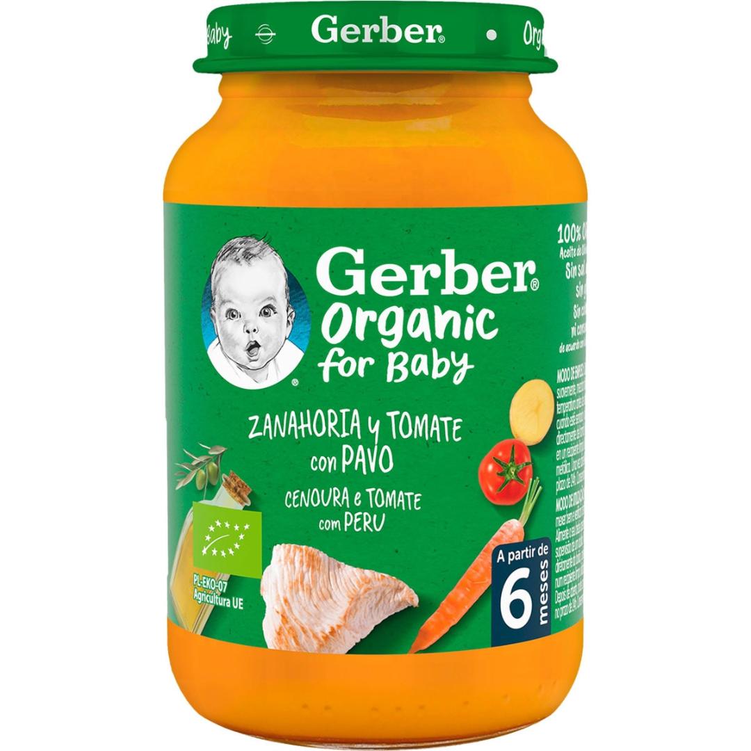Tarrito de puré ecológico para bebés con Zanahoria, Tomate y Pavo Gerber 190 g