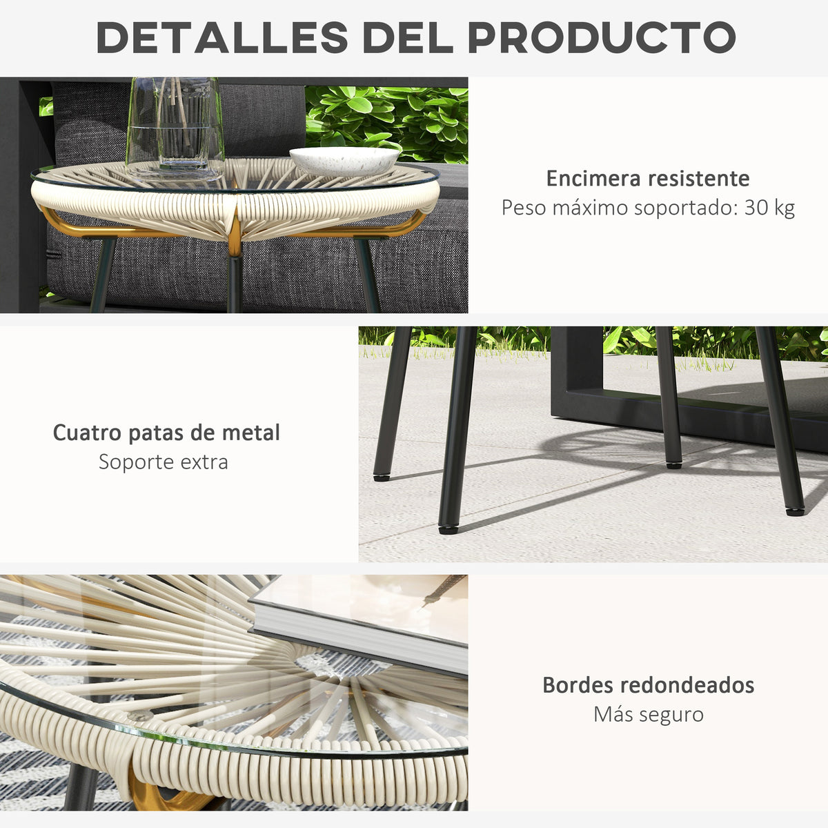 Mesa De Ratán Outsunny Ratán De Pe, Vidrio Templado Crema 50x50x50 Cm_5