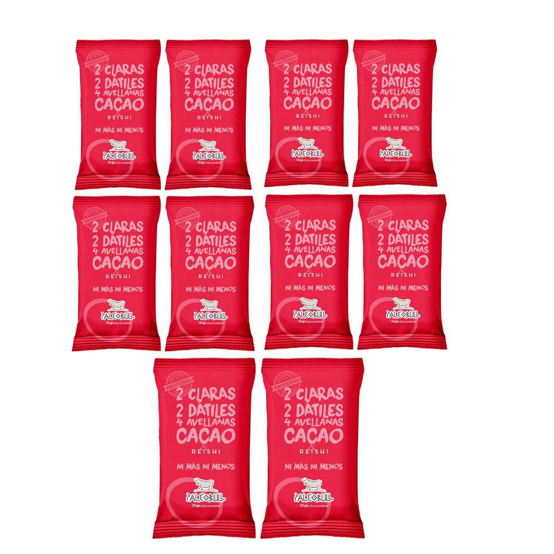 Pack 10 x Barrita energética dátiles, avellanas, Reishi y Cacao PaleoBull, 50 g
