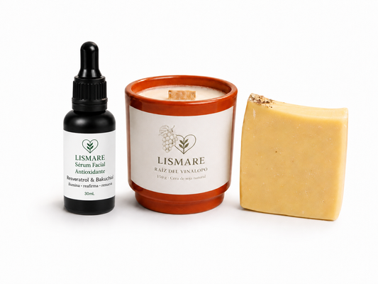 Pack cosmética natural de uva – Sérum Resveratrol y Bakuchiol + jabón sólido + vela de soja – Ritual Vinalopó Lismare_0