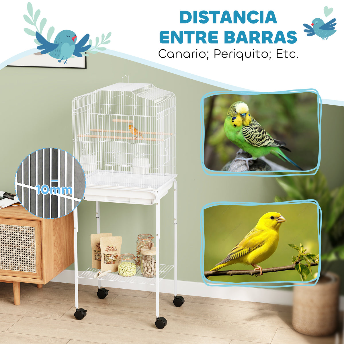 Jaula Para Pájaros Pawhut Acero, Madera Blanco 46.5x36x124 Cm_5