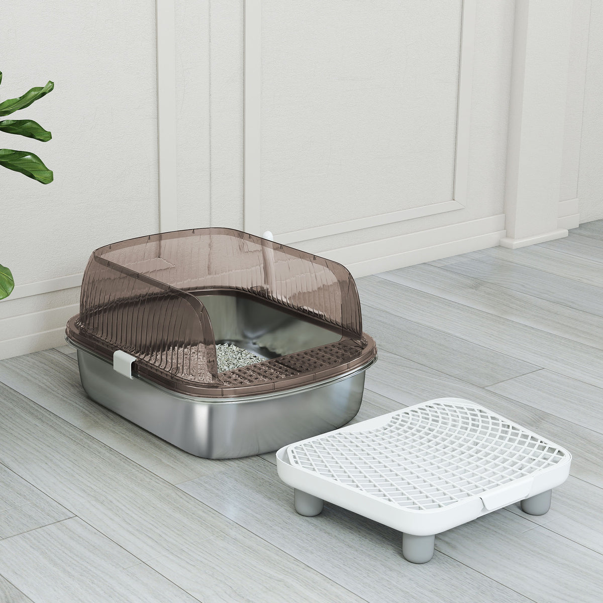 Pawhut Arenero Para Gatos Cubierto Con Bandeja De Acero Pala Y Peldaño Gris_3