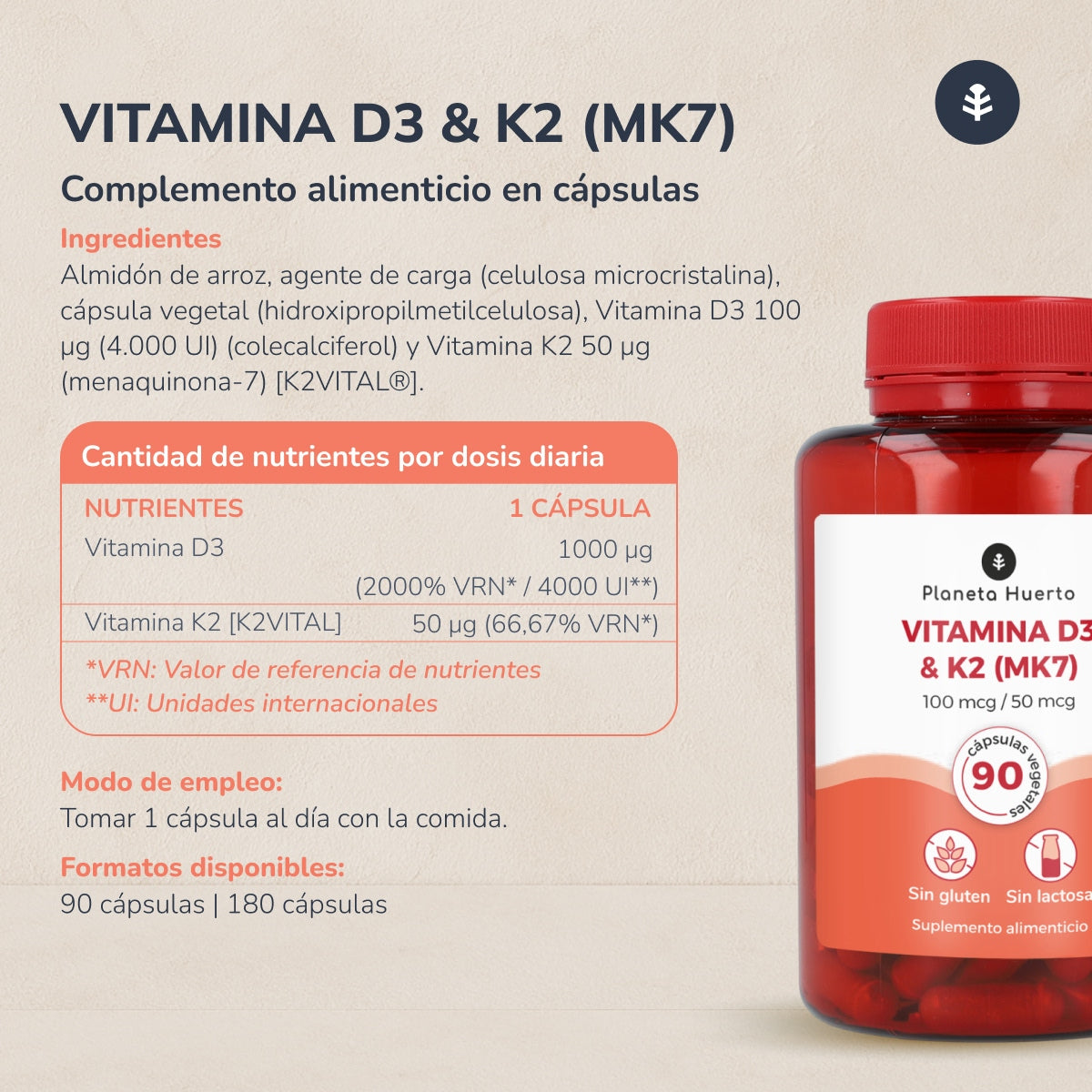Vitamina D3 & K2 (Mk7) Planeta Huerto 90 Caps