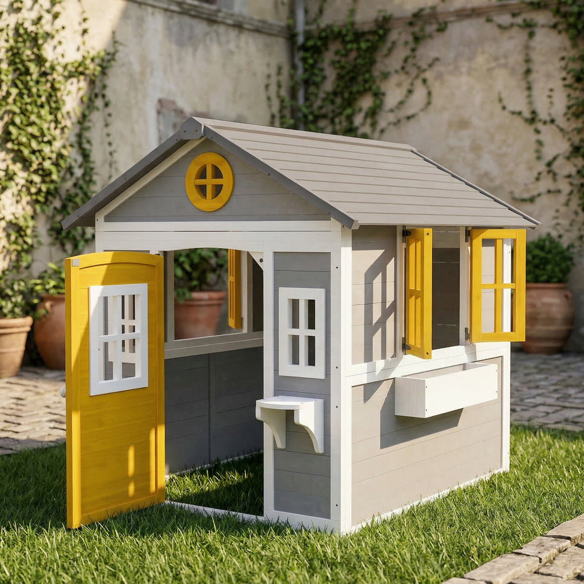 Casita Infantil Outsunny Madera De Abeto Gris 112x126x135 Cm_1
