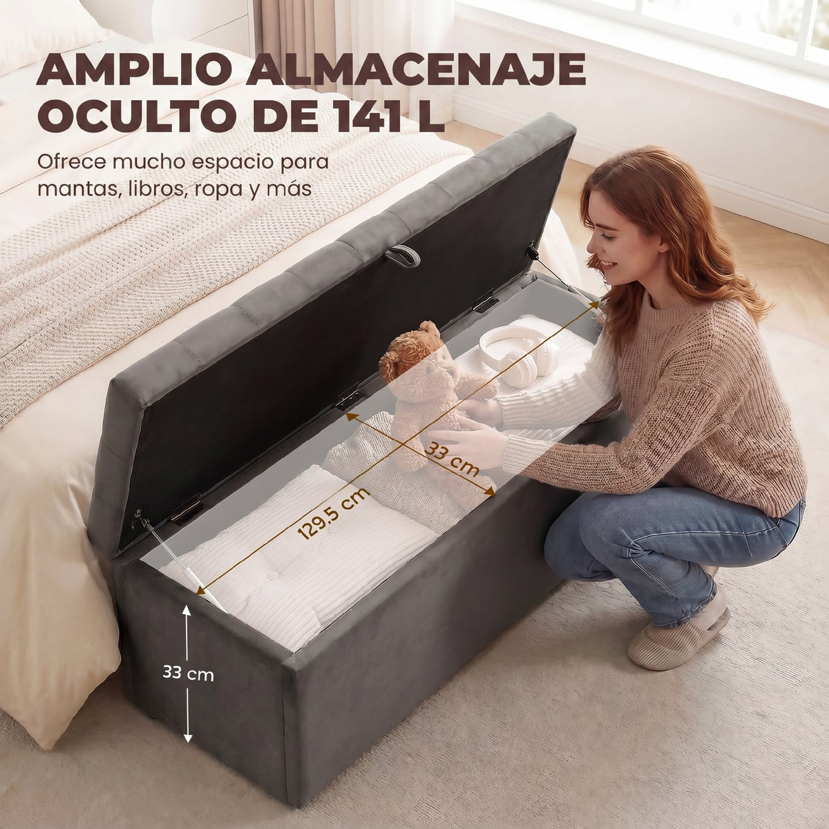 Banco De Almacenaje Homcom Terciopelo Gris 137x41x42 Cm_3