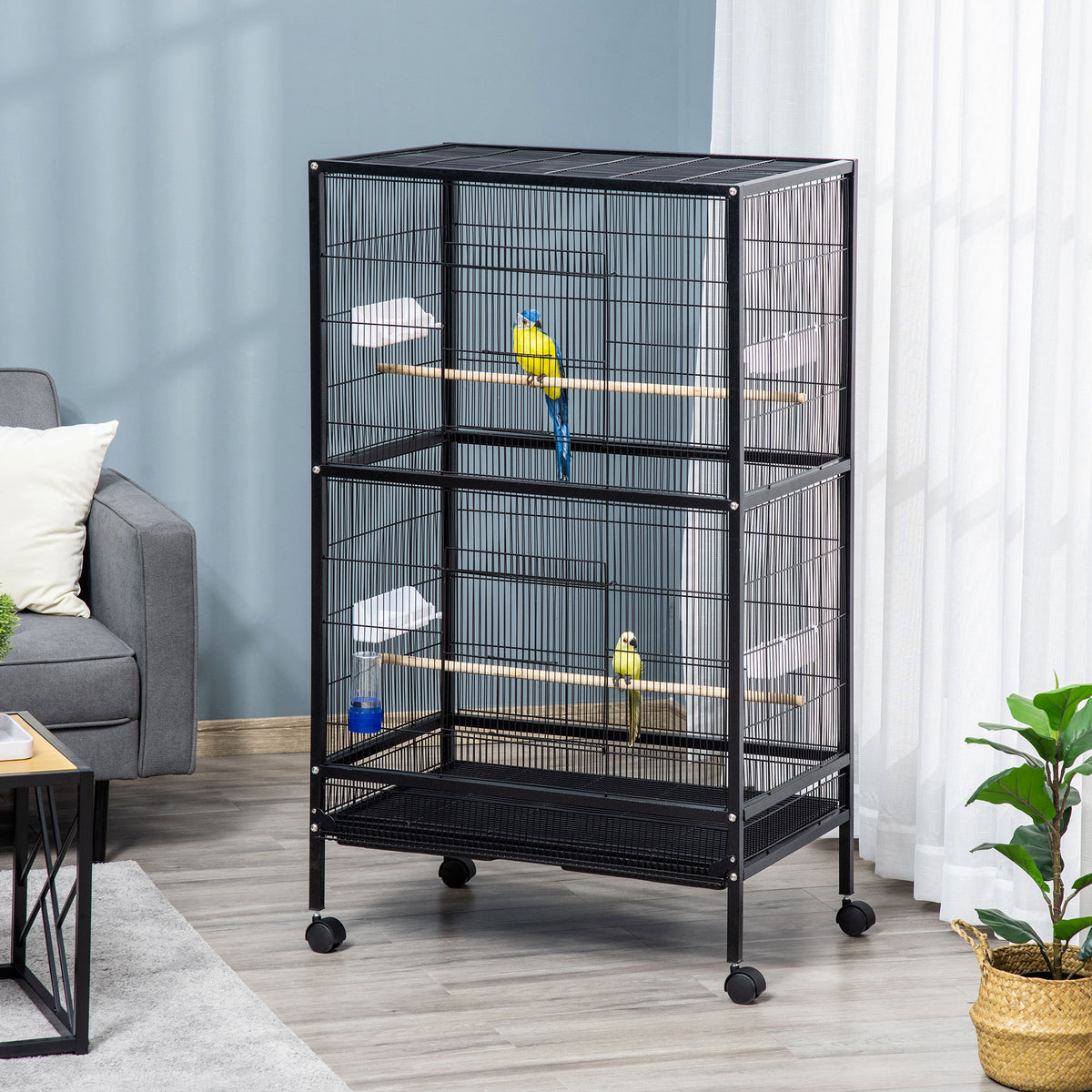Jaula Para Pájaros Con Ruedas Y Comederos Pawhut 79x52x137 Cm Negro_1