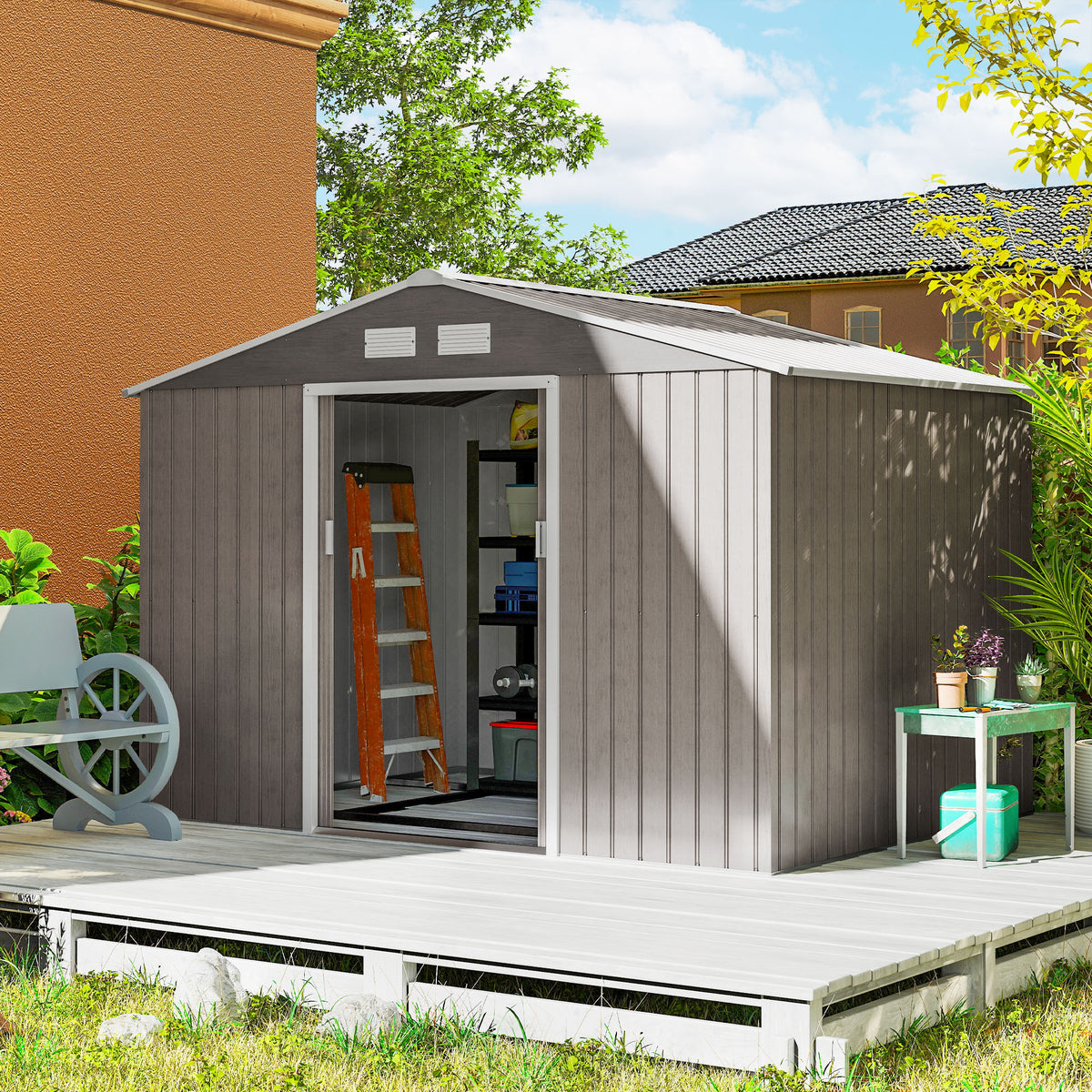 Cobertizo De Jardín Outsunny Acero Galvanizado Madera Natural 277x195x192 Cm_1