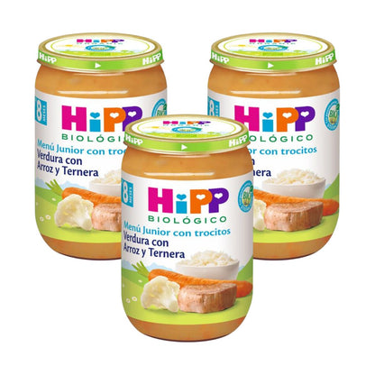 Pack x 3 Tarrito de verdura con arroz y ternera bio +8 meses HiPP 220 g