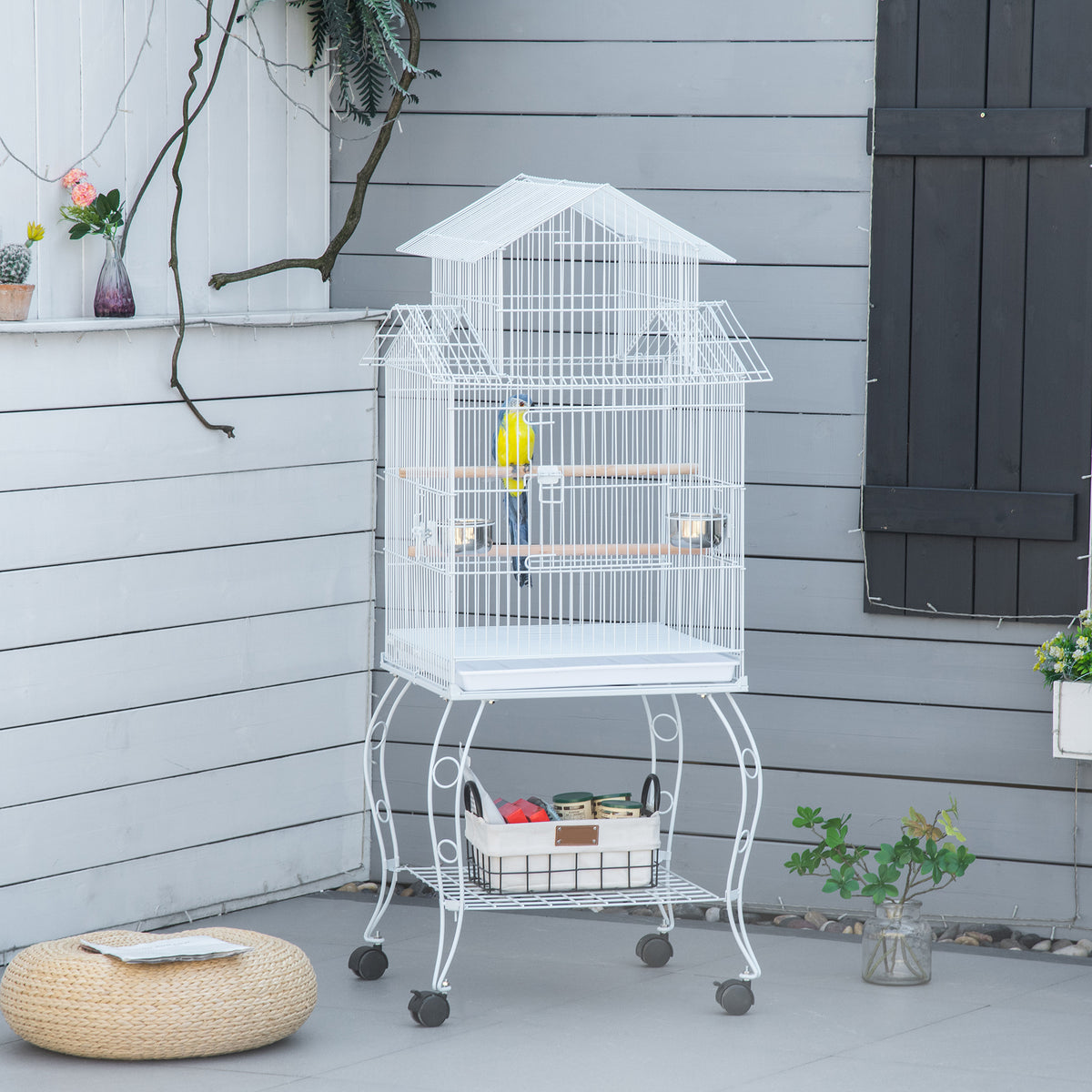 Jaula Para Pájaros Pawhut Acero, Madera Miscelánea Blanco 50x49x137 Cm_1