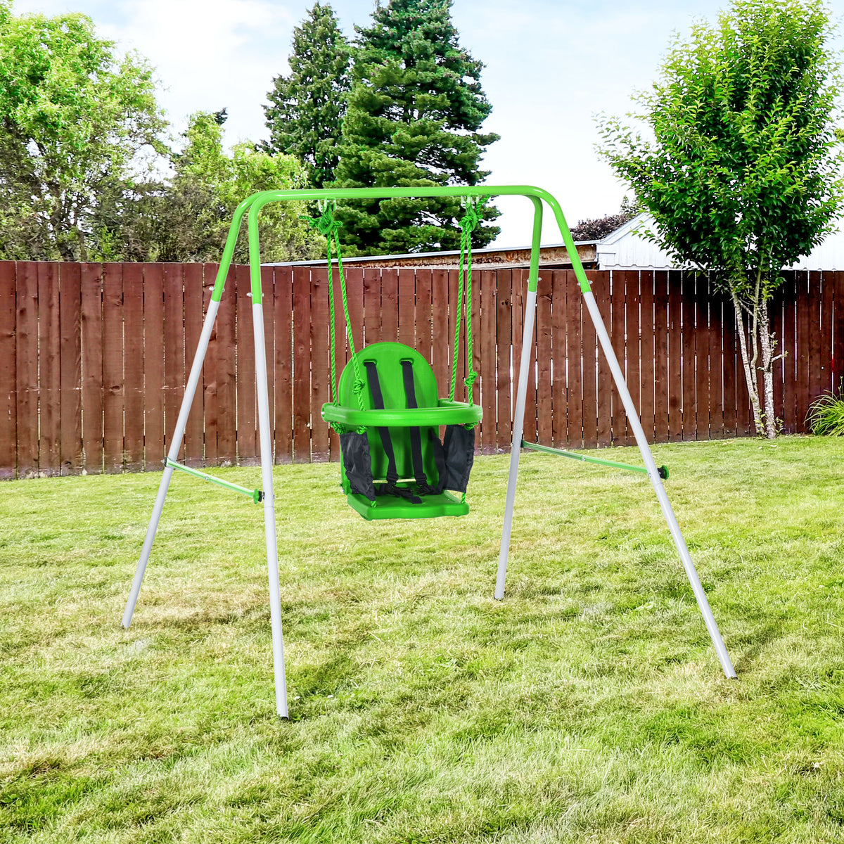 Columpio Infantil De Acero Con Respaldo Outsunny 122x146x122 Cm Verde_1