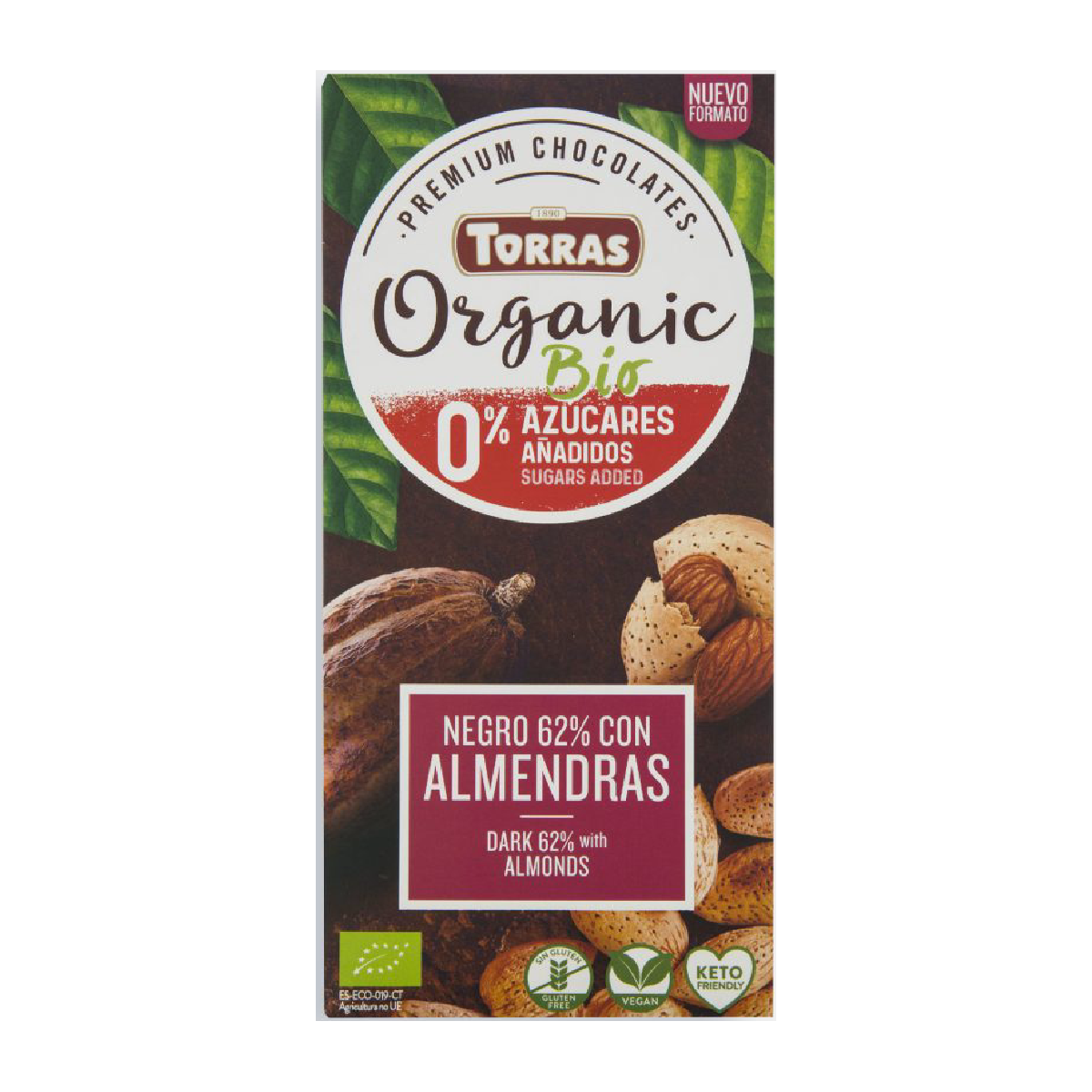 Chocolate Negro 62% Cacao Sin azúcar con Almendras Enteras Bio Torras 100 g