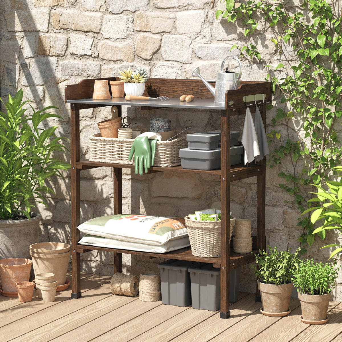 Mesa De Plantación Outsunny Madera De Abeto Carbonizado 76x37x89 Cm_1