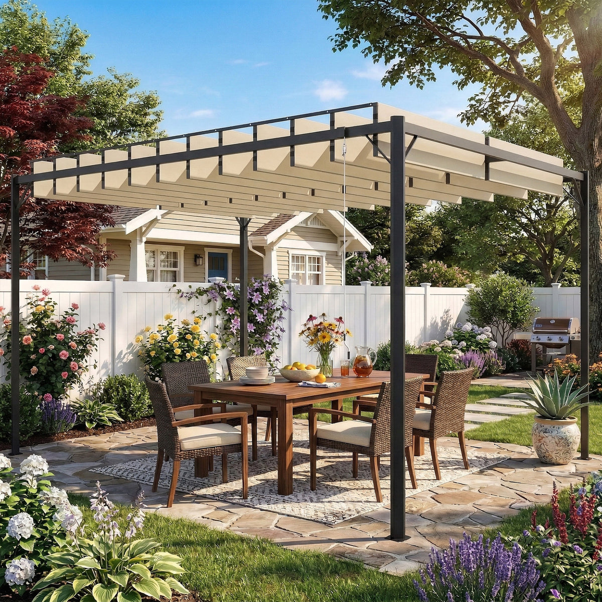 Pérgola Outsunny Metal, Poliéster Crema 404x304x240 Cm_1