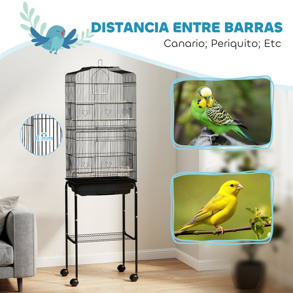 Jaula Para Pájaros Con Ruedas Pawhut 46,5x36x157 Cm Negro_5