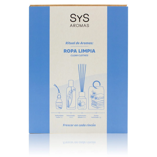 Pack Aroma Ropa Limpia SYS Aromas | Ambientador de Coche 7 ml, Pulverizador 100 ml, Mikado 50 ml y Sachet 12 g_0