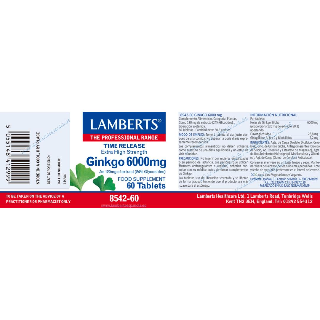 Ginkgo Biloba 6.000 mg, Lamberts 60 tabletas