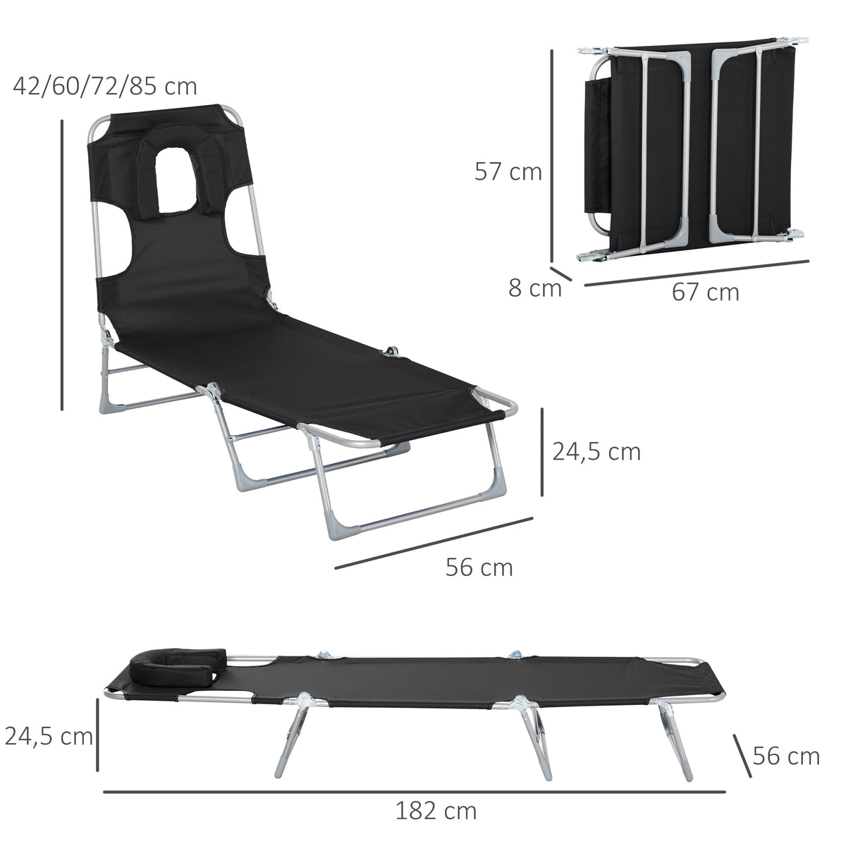 Tumbona Plegable Reclinable De Jardín Outsunny 182x56x24,5 Cm Negro_2