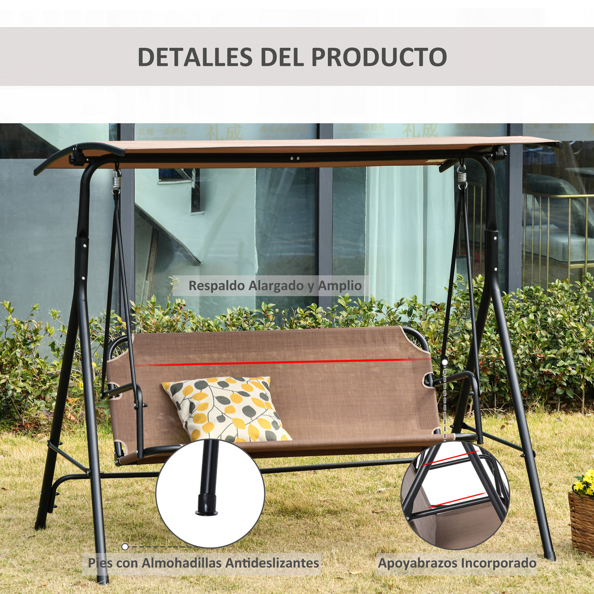 Columpio De Jardín Outsunny Metal, Poliéster, Texteline Marrón 172x110x155 Cm_5