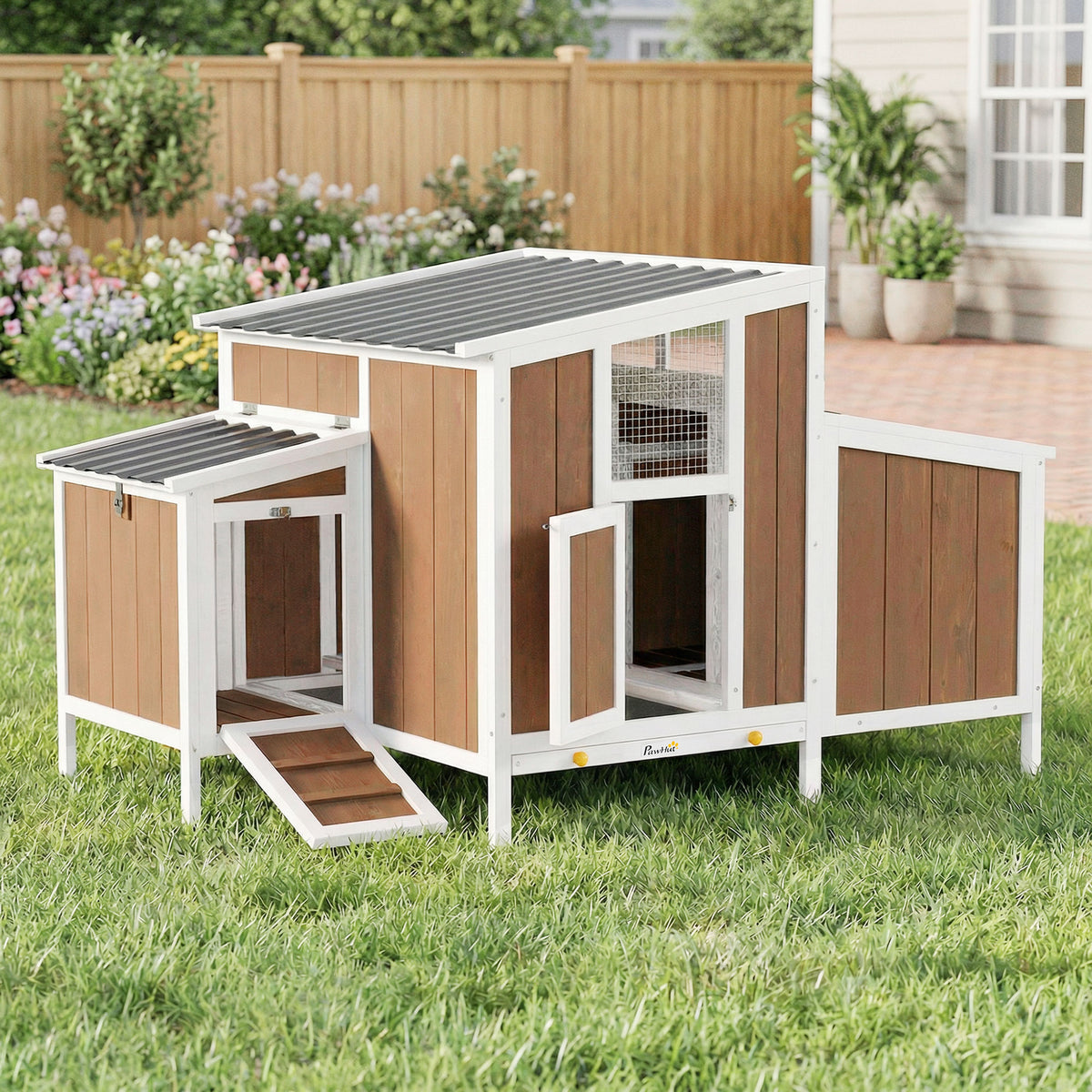 Gallinero Pawhut Madera De Pino, Pet Marrón 145x90x92 Cm_1