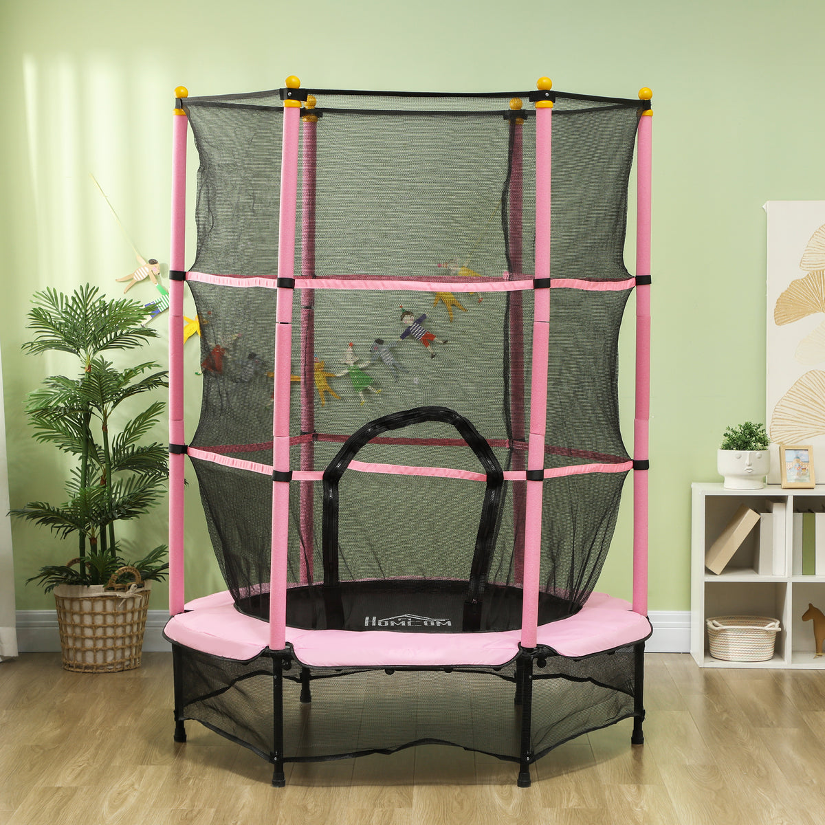 Cama Elástica Infantil Homcom Acero, Pp Negro Y Rosa 140x140x190 Cm_1