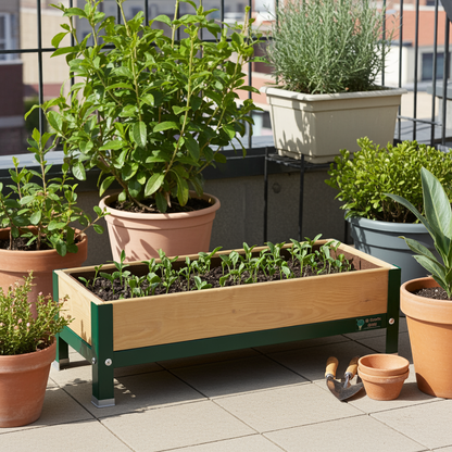 Jardinera Elevada De Madera Verde 90x30x26 Cm De Estructura Metálica Y Bandeja Recoge Aguas Mi Huerto Urban_1