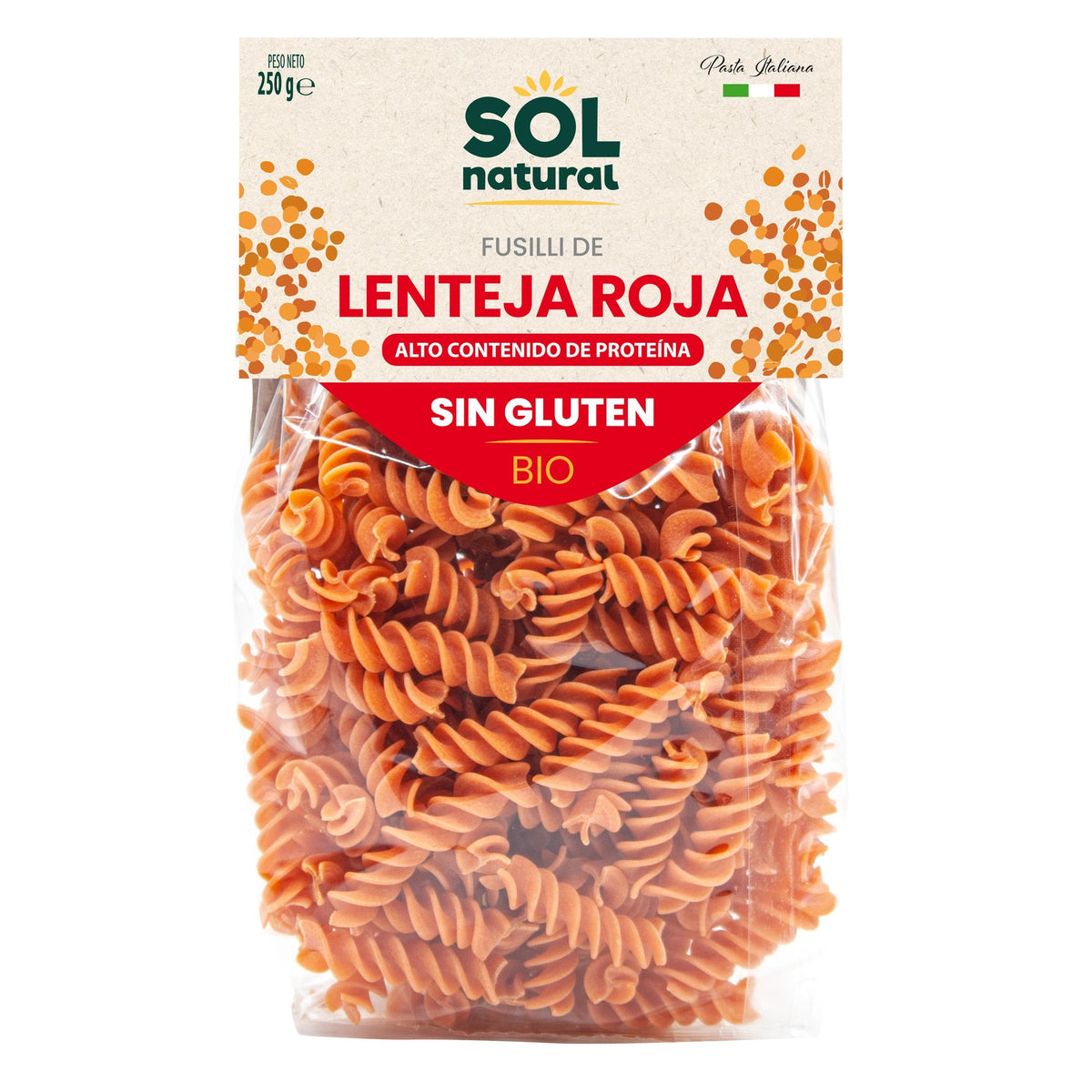 Fusilli de lenteja roja sin gluten bio Sol Natural 250 g