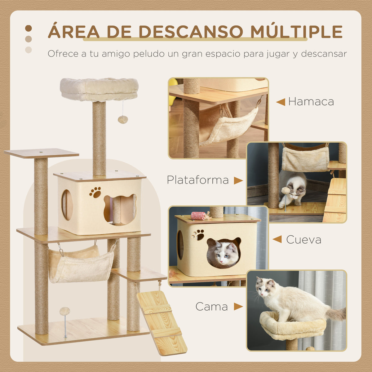 Pawhut Árbol Rascador Para Gatos Con Plataformas Hamaca Escalera Cueva 60x40x130_3