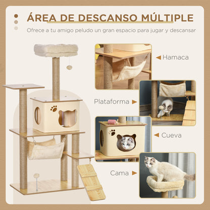 Pawhut Árbol Rascador Para Gatos Con Plataformas Hamaca Escalera Cueva 60x40x130_3