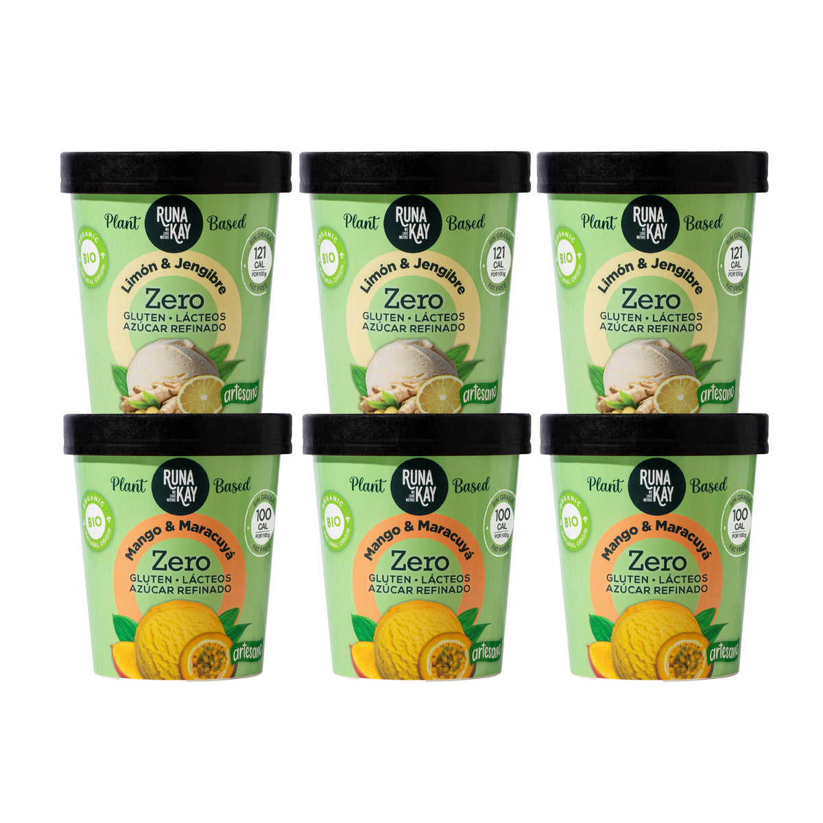 Pack Mix Helado Artesano Eco Sin Gluten Ni Azúcar Refinado Mango&Maracuyá Limón&Jengibre Runakay 6x460ml/400g_0
