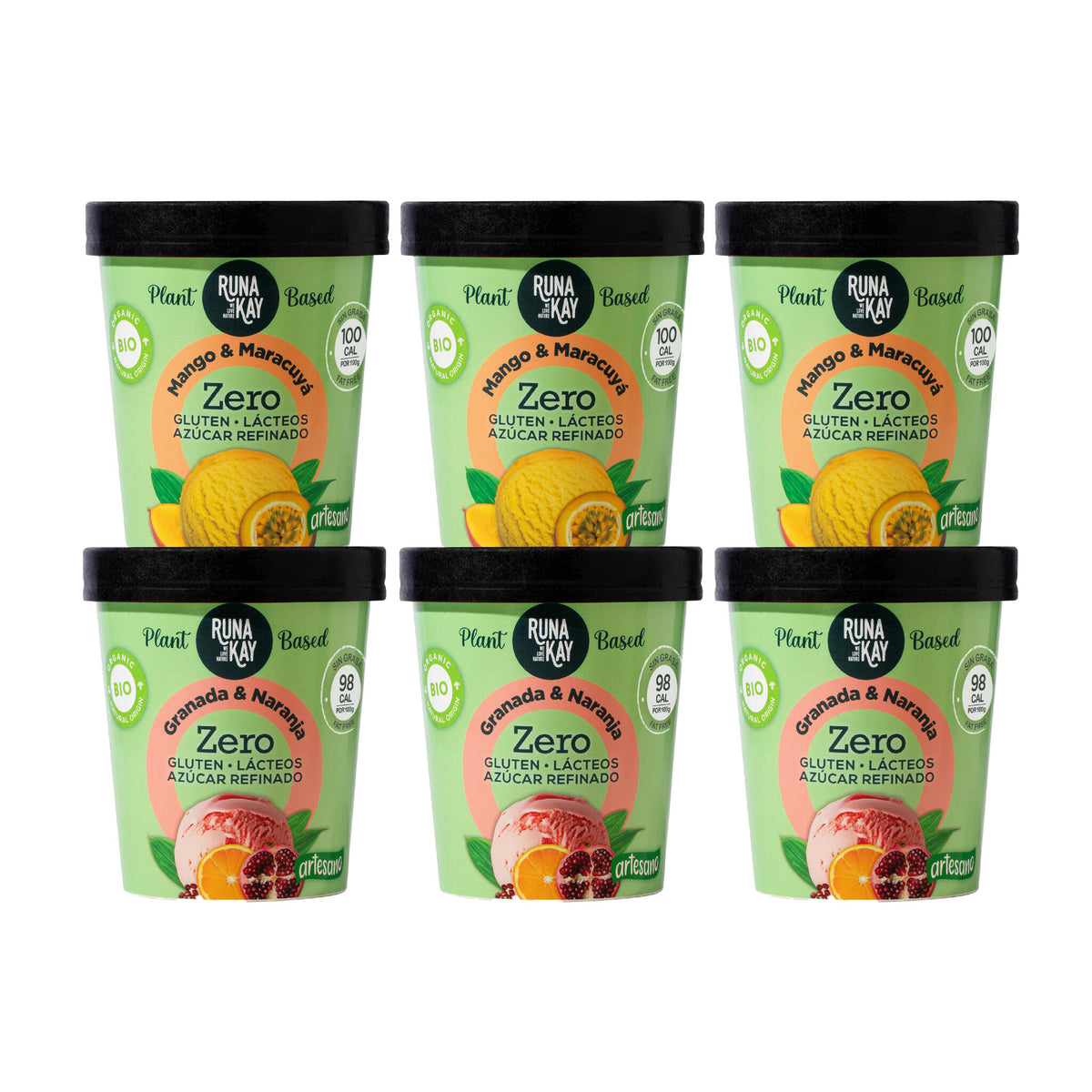 Pack Mix Helado Artesano Eco Sin Gluten Ni Azúcar Refinado Mango&Maracuyá Granada&Naranja Runakay 6x460ml/400g_0