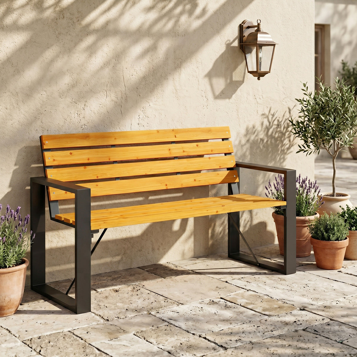 Banco De Jardín Outsunny Acero, Madera De Abeto Madera Natural 136x54x82 Cm_1