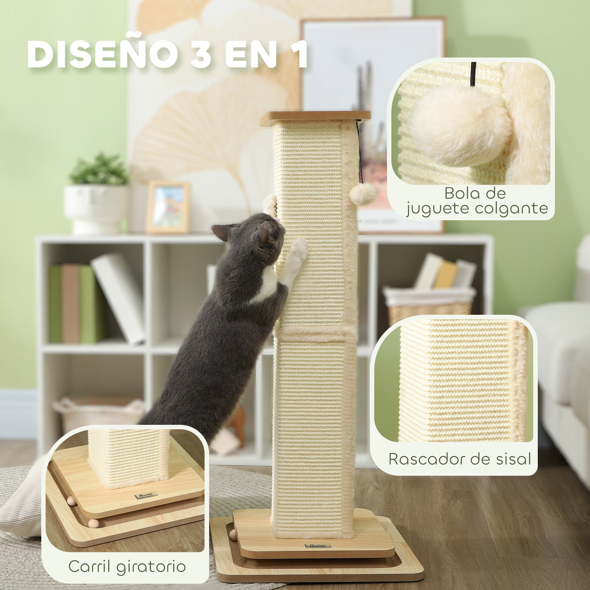 Pawhut Poste Rascador Para Gatos 87 Cm Con Bola Colgante 39,5x39,5x87 Cm Roble_3