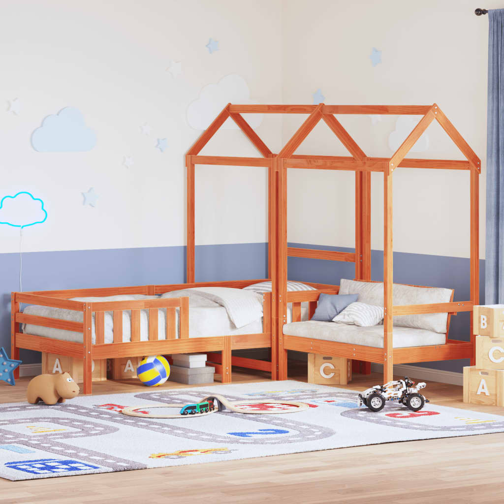 Set De Cama Y Banco Con Techo Madera De Pino Marrón 90x200 Cm_1