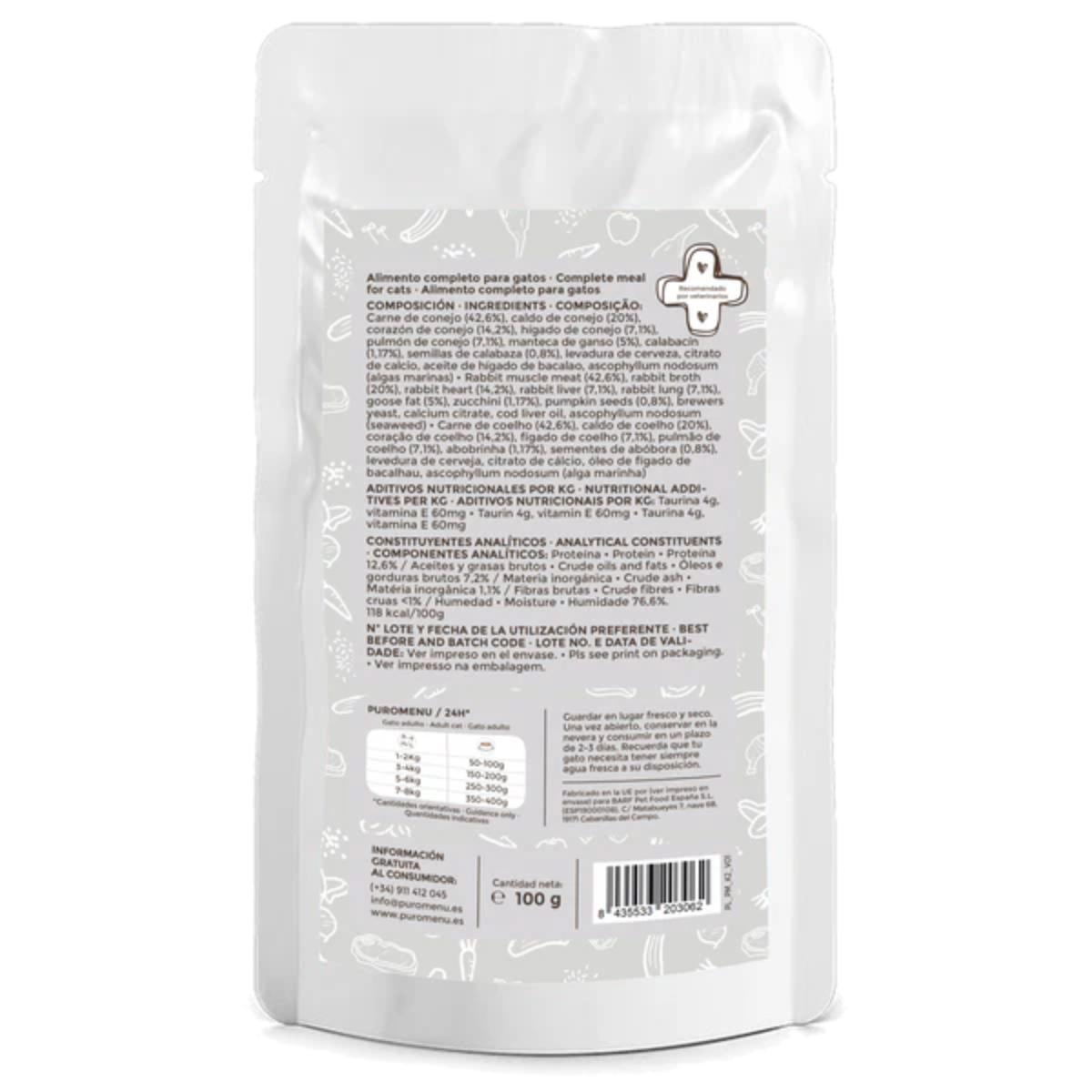 Pack Caza del Día (Conejo) Puromenu 6x100 g Comida húmeda Barf gatos