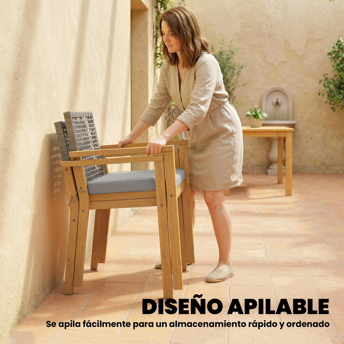 Sillas De Jardín Outsunny Madera De Acacia, Ratán Pe Madera Natural 59x55x86 Cm_5